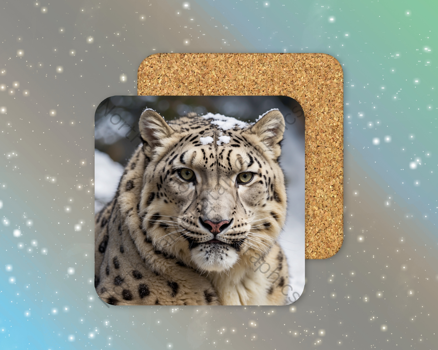 Snow Leopard Close-Up Winter Square Coaster