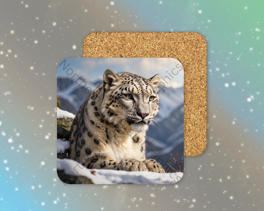 Snow Leopard in Mountains Winter Square Coaster