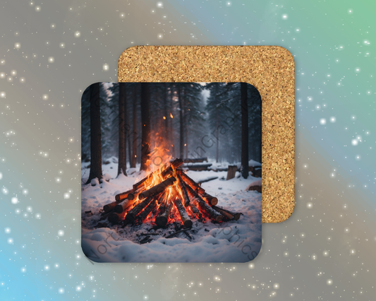 Campfire in Snowy Forest Winter Square Coaster