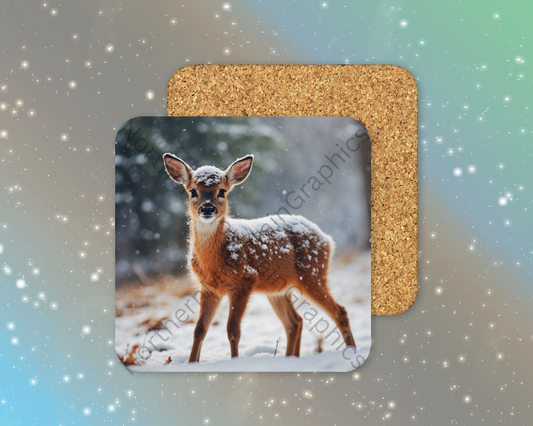 Fawn in Winter Snow Winter Square Coaster