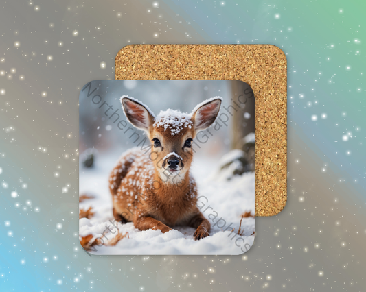 Fawn Resting in Snow Winter Square Coaster