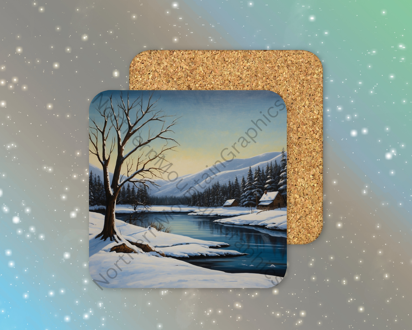 Winter Cabin by River Winter Square Coaster