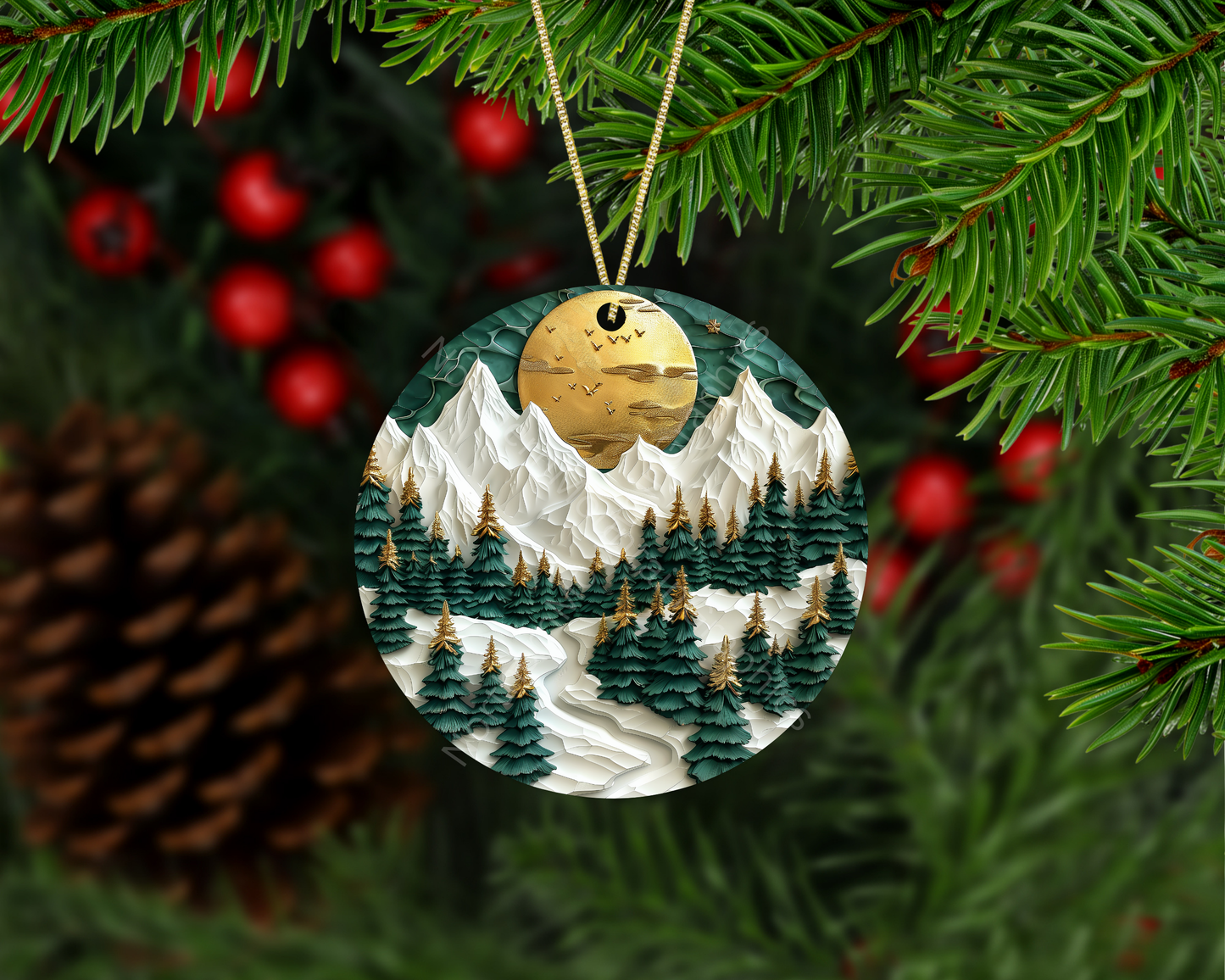 Golden Moon Over Evergreen Peaks Christmas Ornament