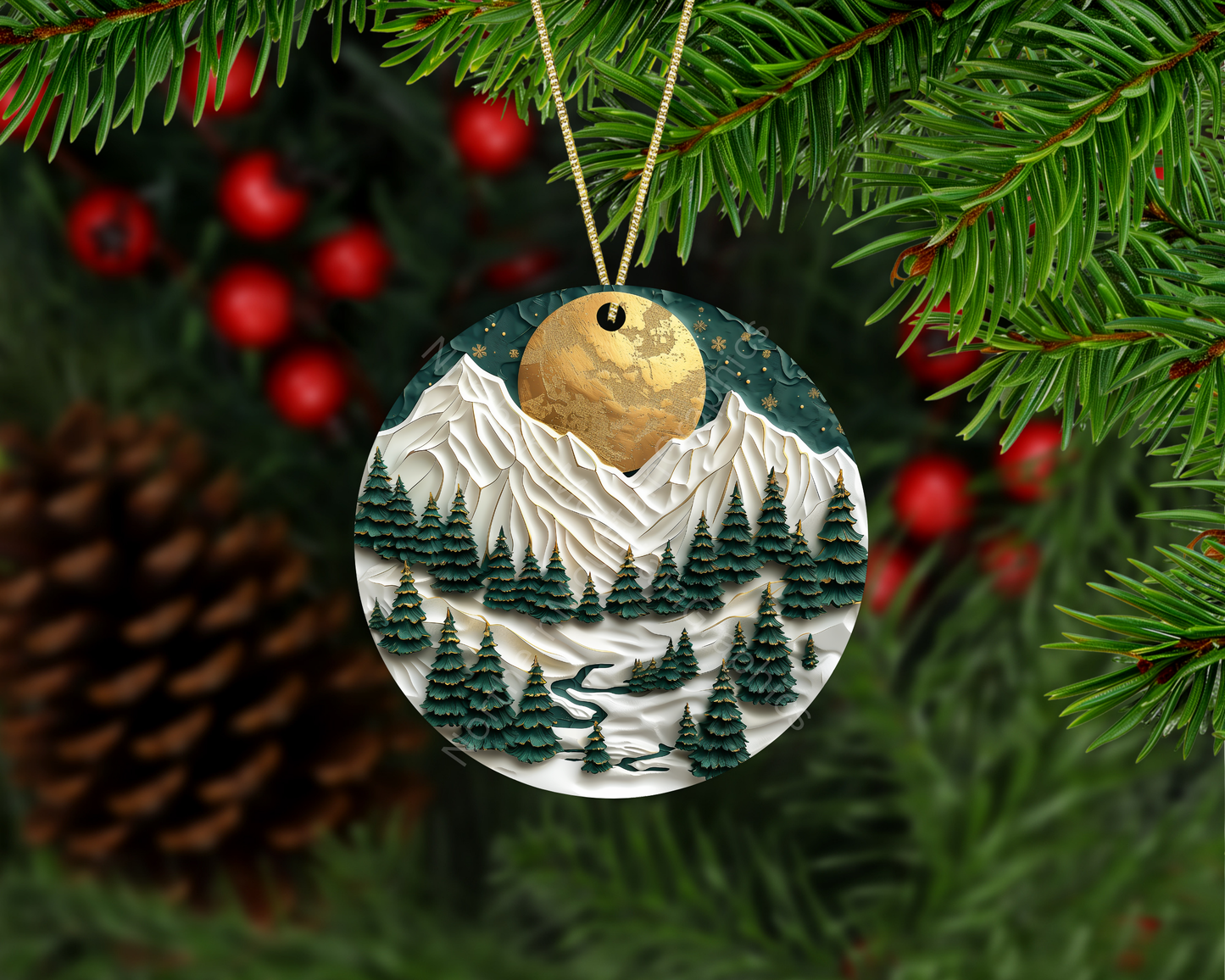 Golden Moonlit Pines Christmas Ornament