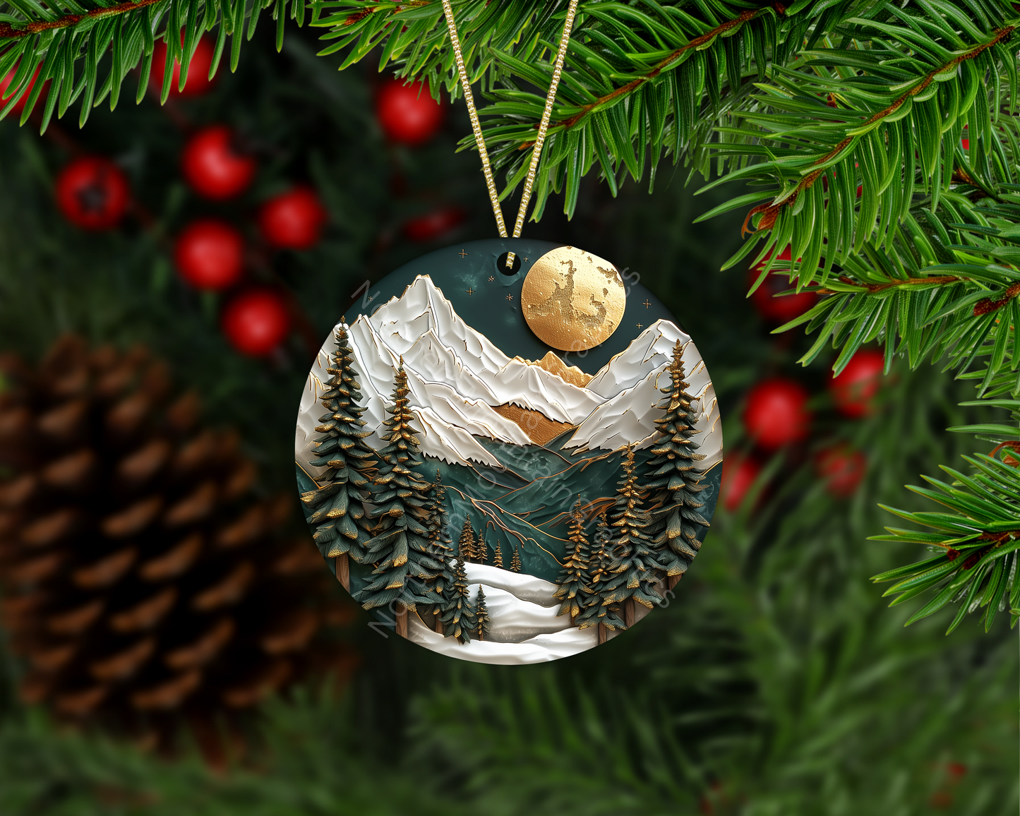 Golden Moonlit Mountains Christmas Ornament