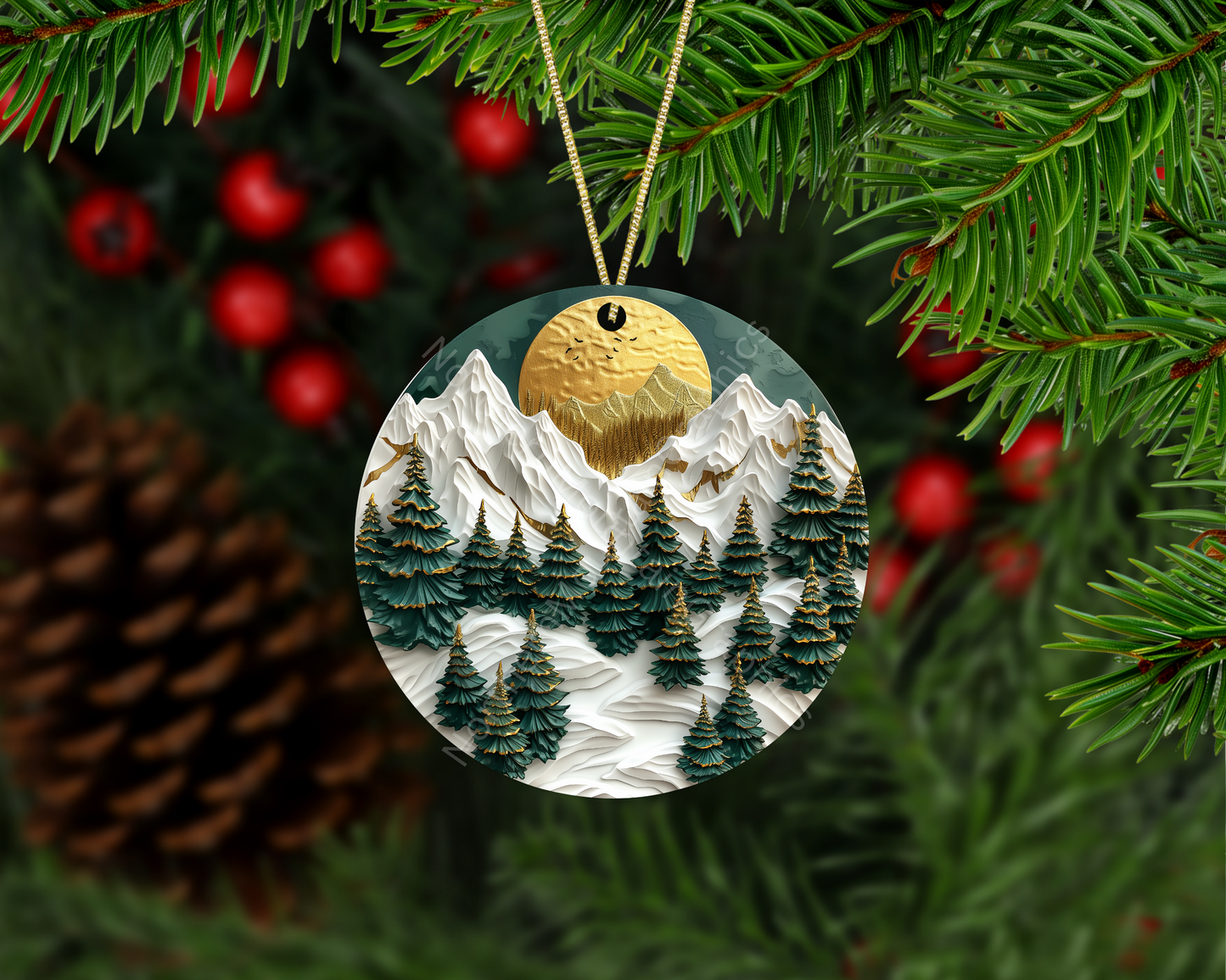 Golden Moonrise Over Evergreen Peaks Christmas Ornament