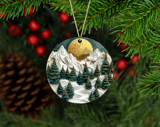 Golden Moonrise Over Evergreen Peaks Christmas Ornament