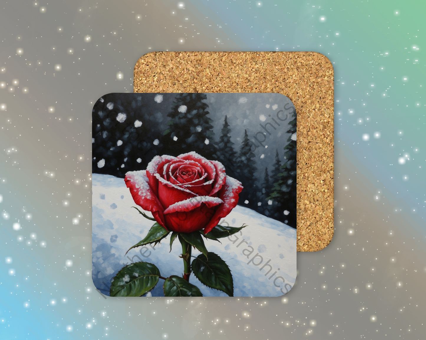 Snowfall on Hill with Rose Winter Square Coaster