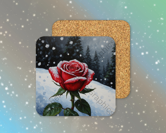 Snowfall on Hill with Rose Winter Square Coaster