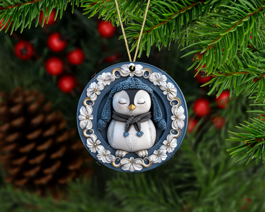Winter Penguin with Blue Background Christmas Ornament