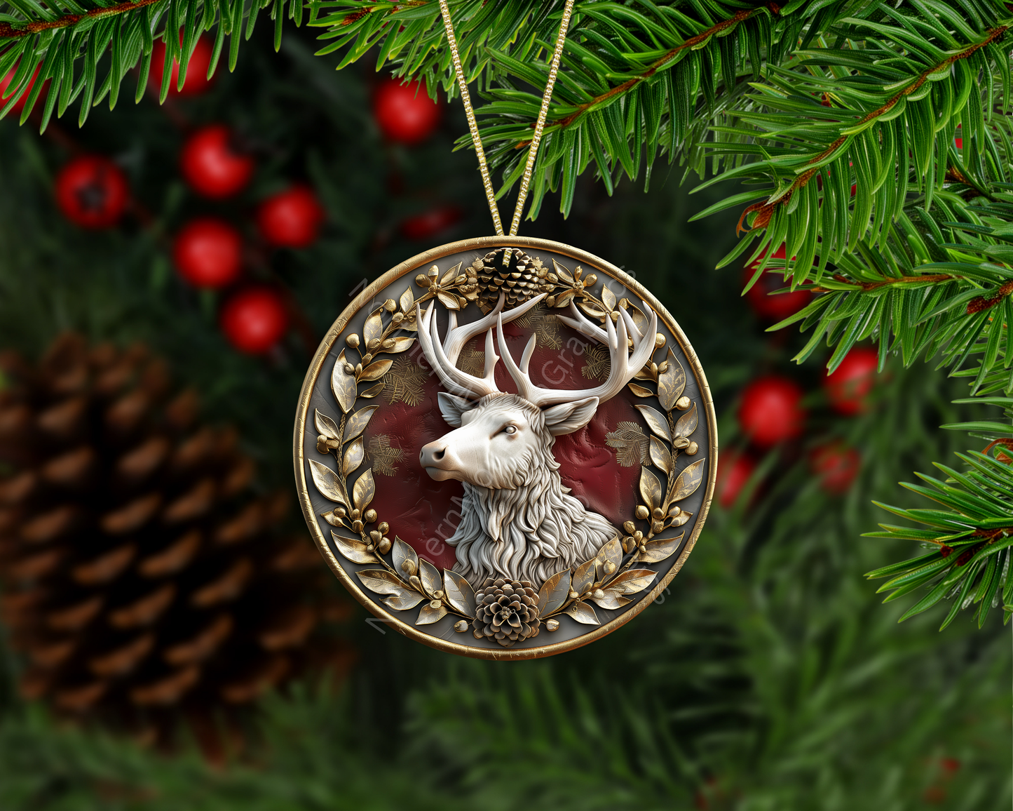 Majestic Winter Reindeer with Gold Pine Christmas Ornament