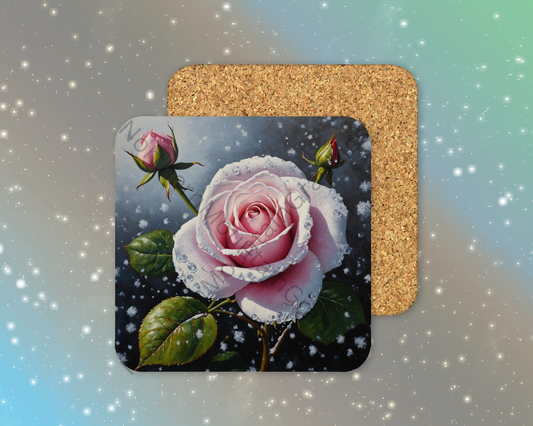 Light Pink Snow Roses Winter Square Coaster