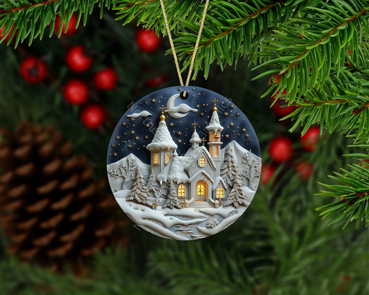 Starlit Winter Chapel Christmas Ornament