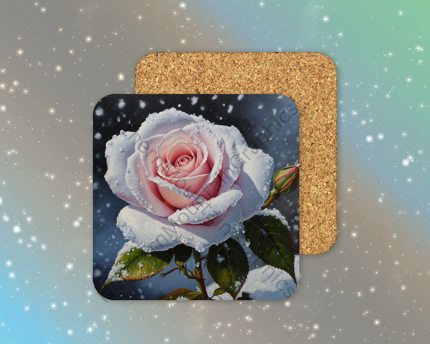 Light Pink Rose Snowfall Winter Square Coaster