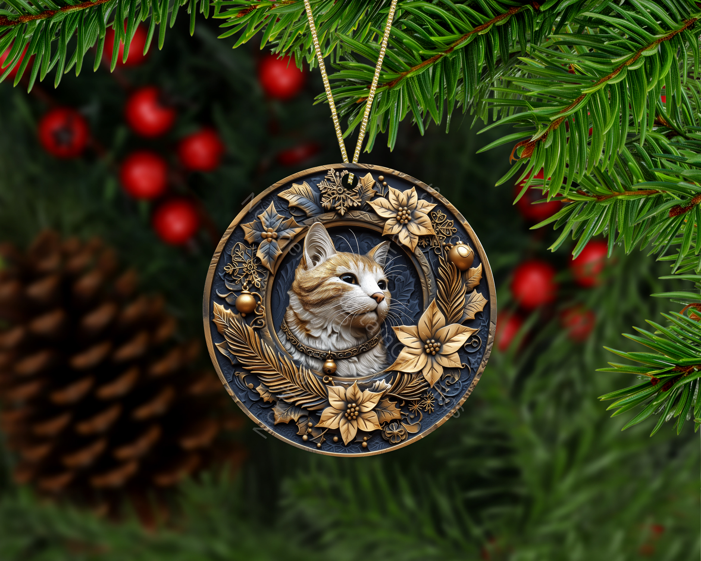 Golden Christmas Cat Christmas Ornament