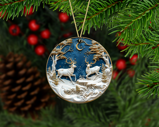 Moonlit Winter Reindeer Duo Christmas Ornament