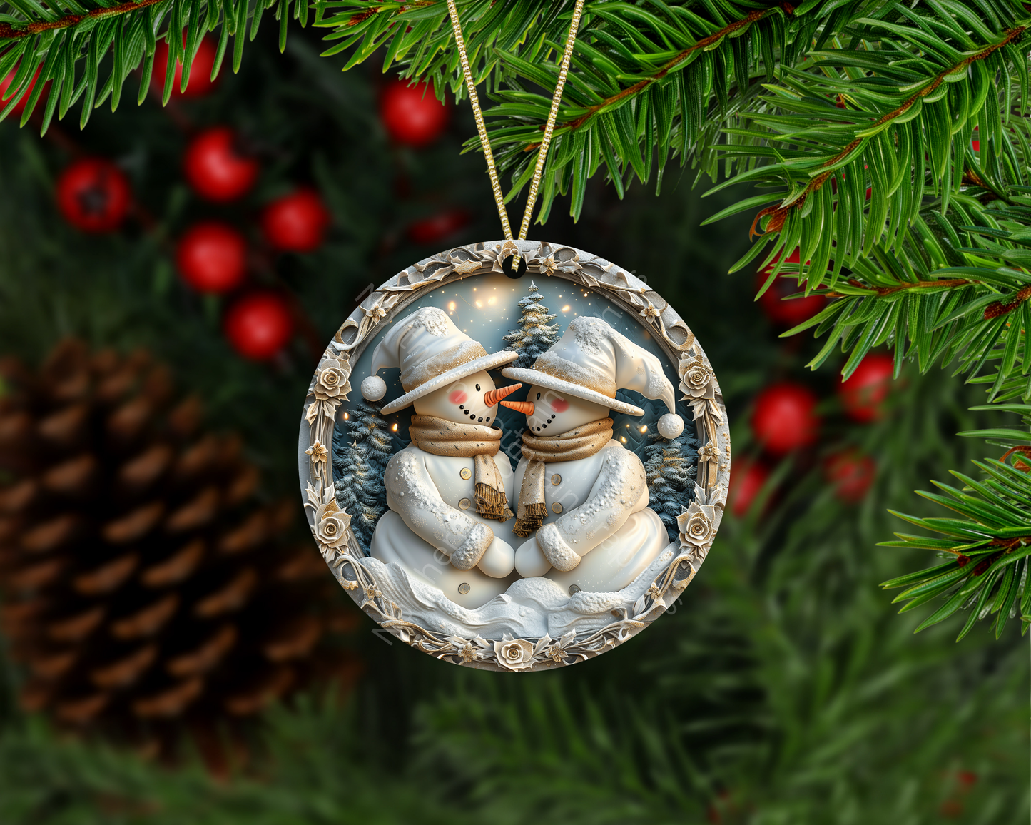 Romantic Winter Snowmen Christmas Ornament