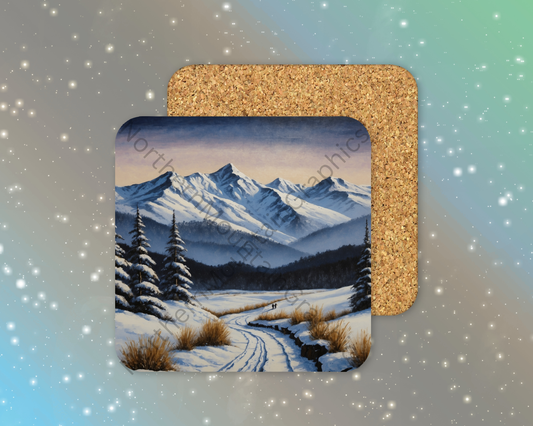 Winter Mountain Valley Trail Winter Square Coaster
