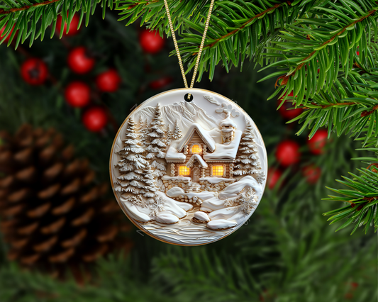 Rustic Winter Cabin with Snowy Pines & Warm Glow Windows Christmas Ornament