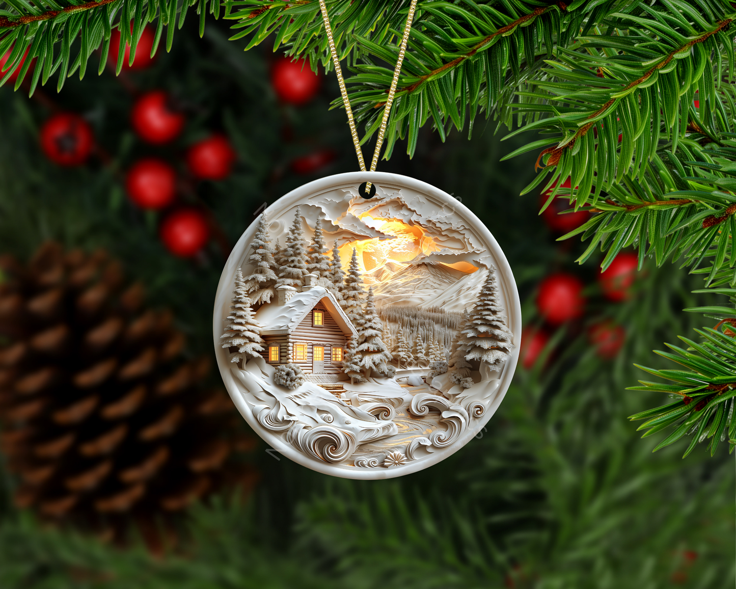Golden Sunset Mountain Cabin Christmas Ornament