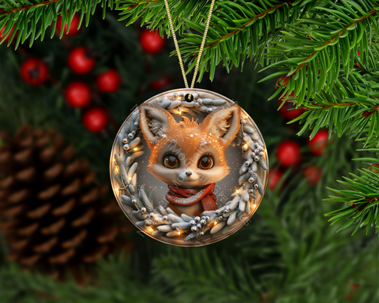 Winter Fox with Frosted Wreath & Warm Lights Christmas Ornament