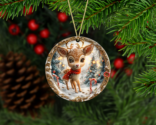 Baby Reindeer with Candy Canes & Snowy Forest Christmas Ornament