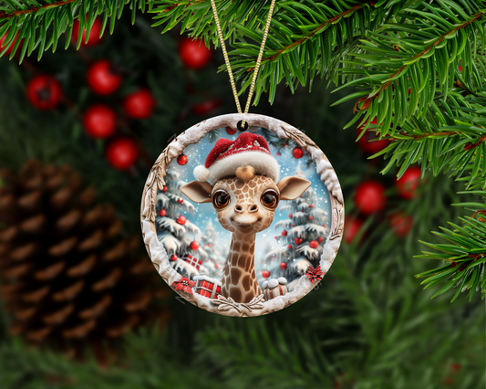 Festive Baby Giraffe in Santa Hat Christmas Ornament
