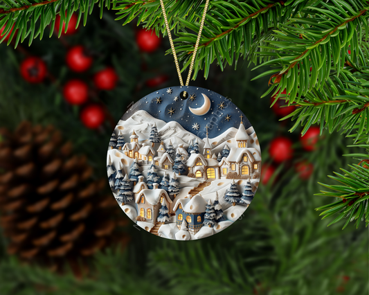 Moonlit Alpine Christmas Town Christmas Ornament
