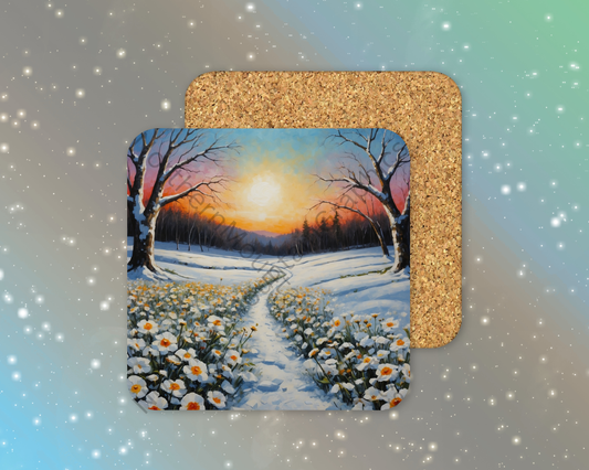 Winter Path Through Blooming Meadow Winter Square Coaster