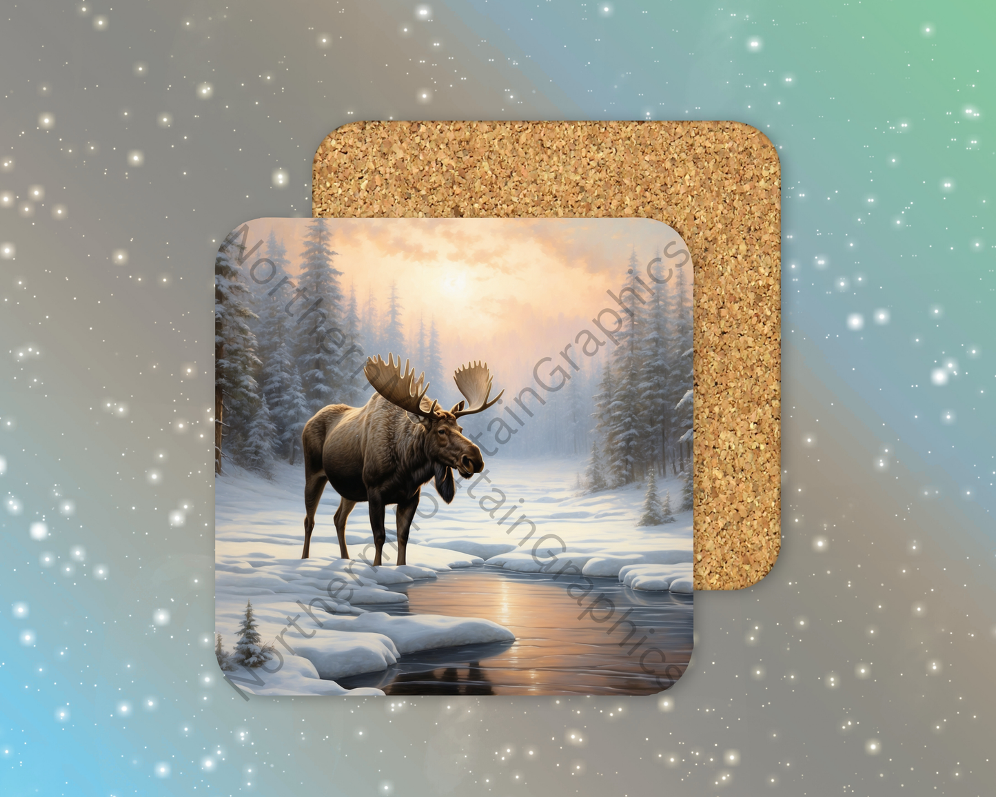 Moose by Winter River Winter Square Coaster