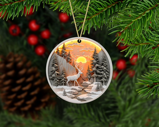 Sunset Journey Through Frosted Pines Christmas Ornament