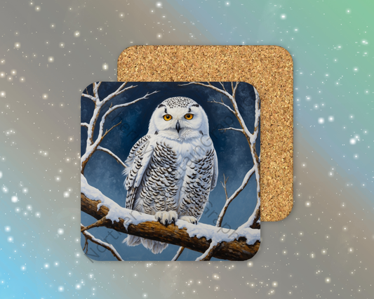 Winter Owl Perched on Branch Winter Square Coaster