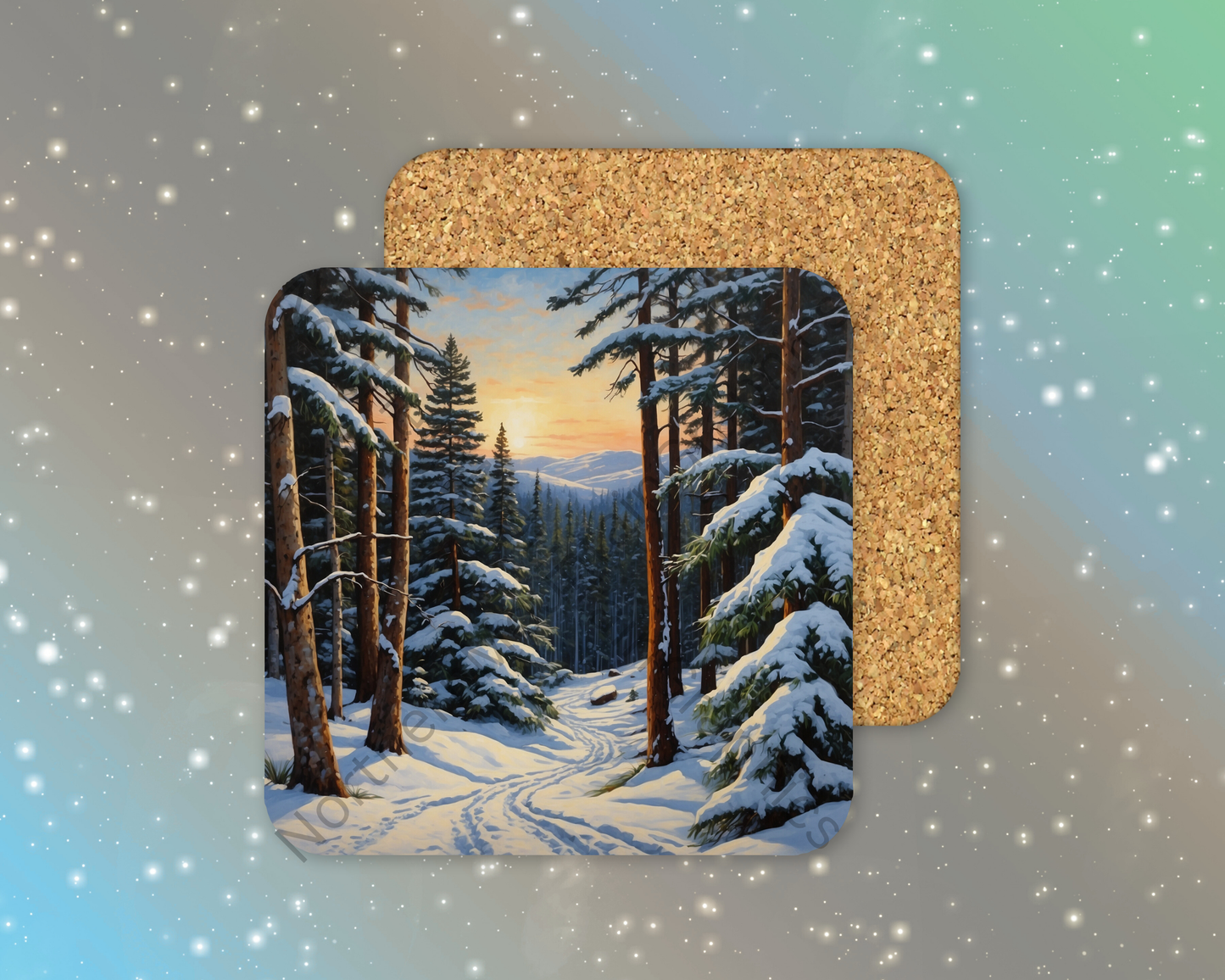 Winter Sunset Forest Trail Winter Square Coaster