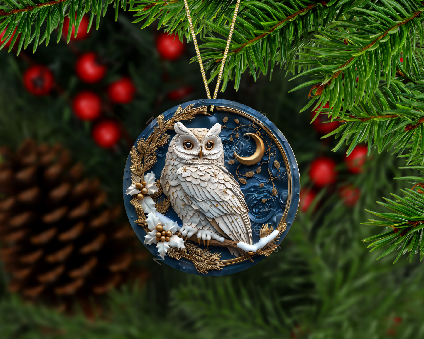 Majestic Snow Owl & Crescent Moon Christmas Ornament