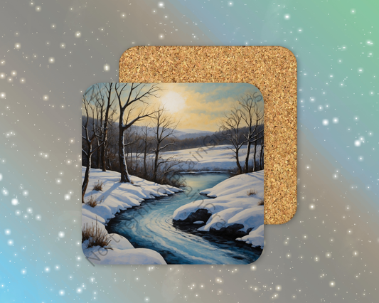 Winter Sunrise Over Frozen River Winter Square Coaster