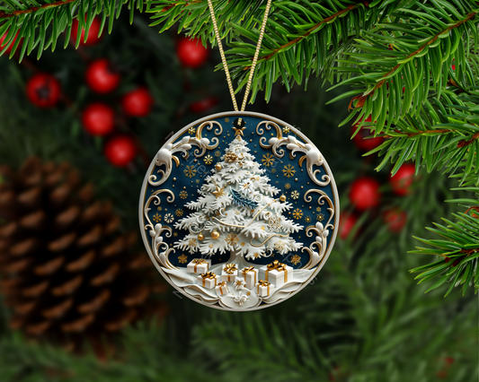White Christmas Tree & Golden Gifts Christmas Ornament