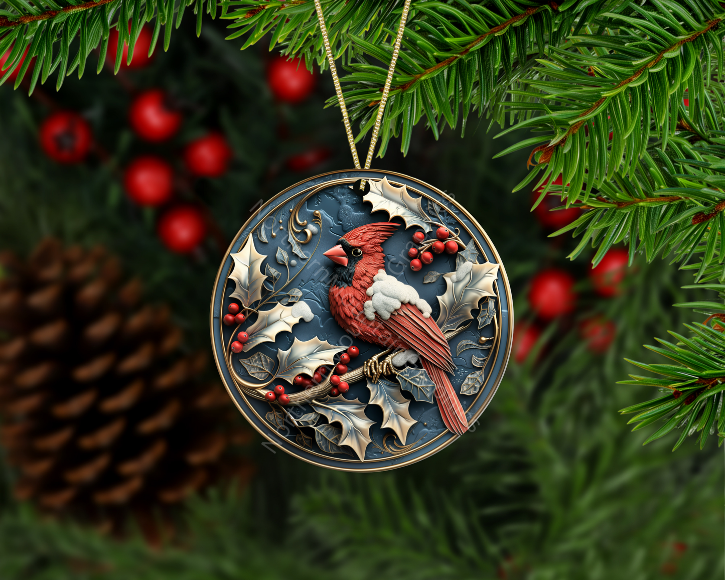 Red Cardinal & Holly Branch Christmas Ornament