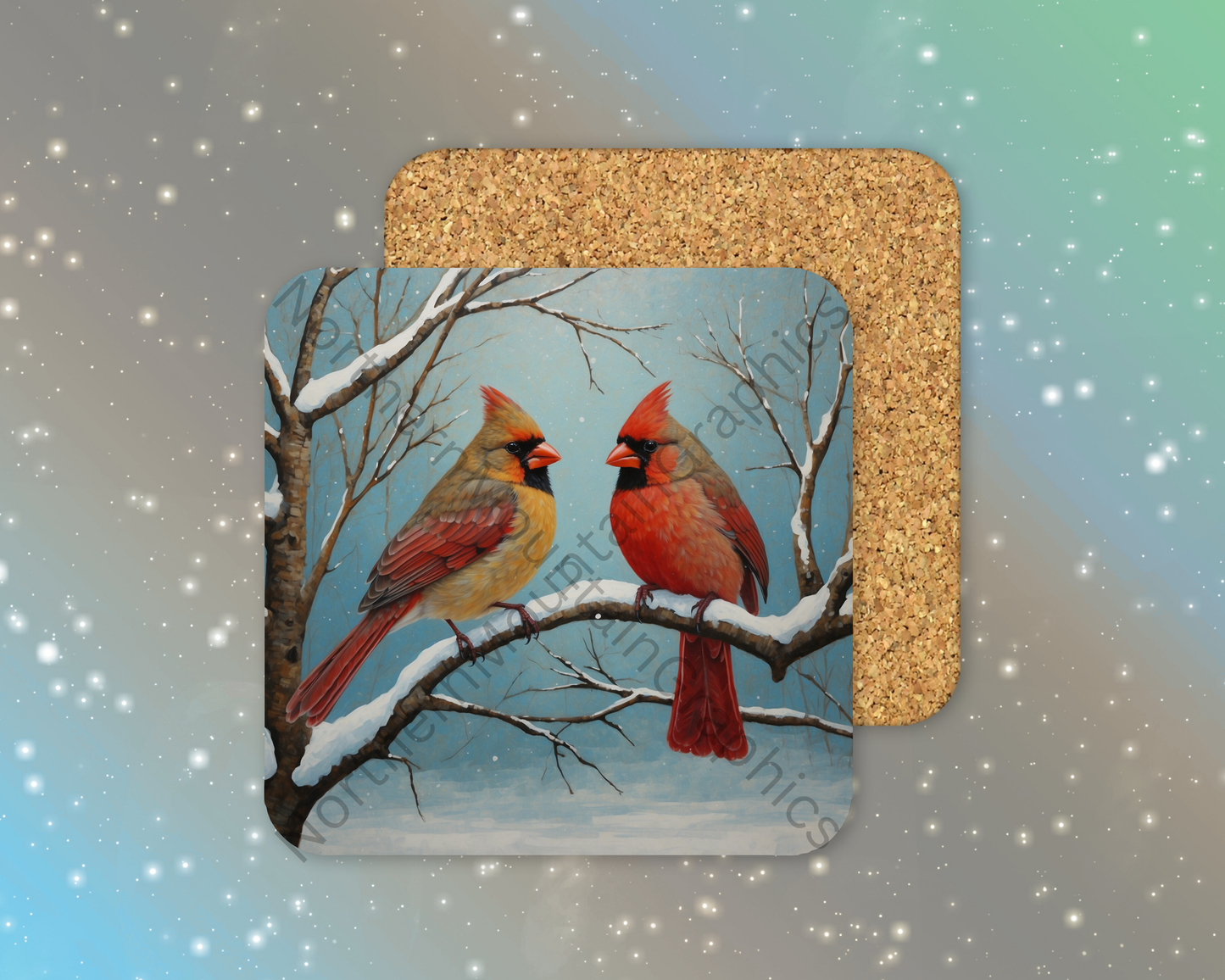 Cardinal Pair in Winter Winter Square Coaster