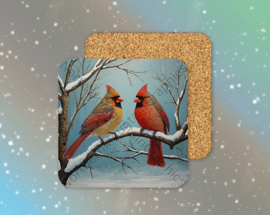 Cardinal Pair in Winter Winter Square Coaster