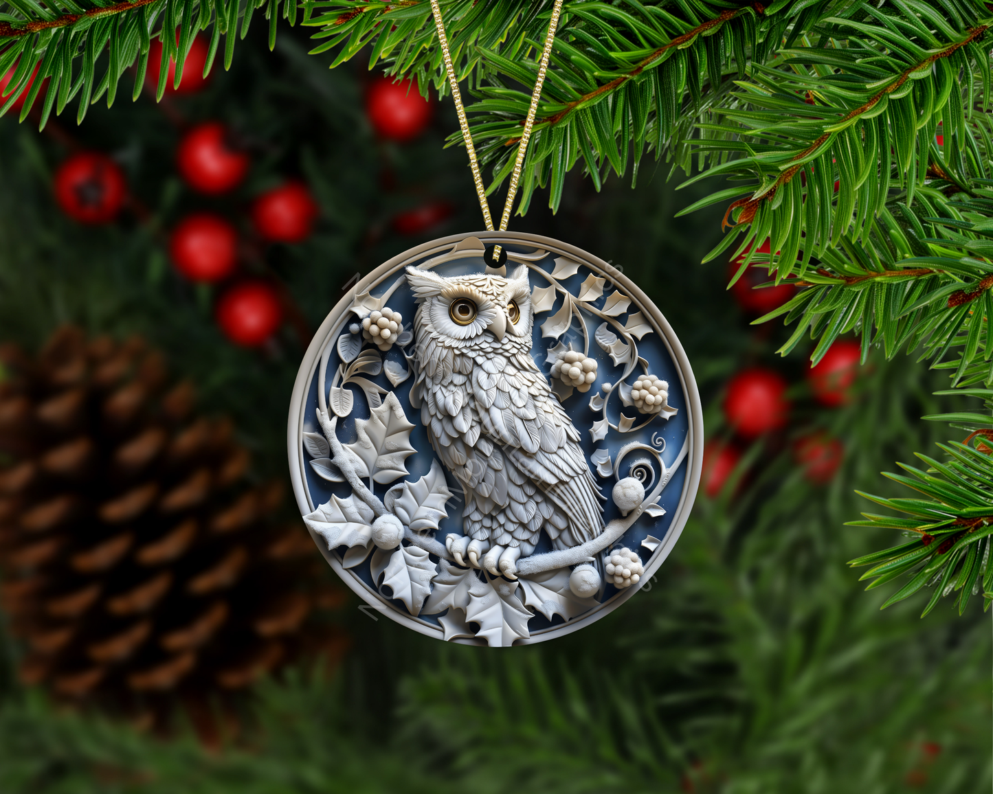 Frosted White Owl on Branch Christmas Ornament