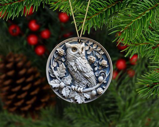 Frosted White Owl on Branch Christmas Ornament