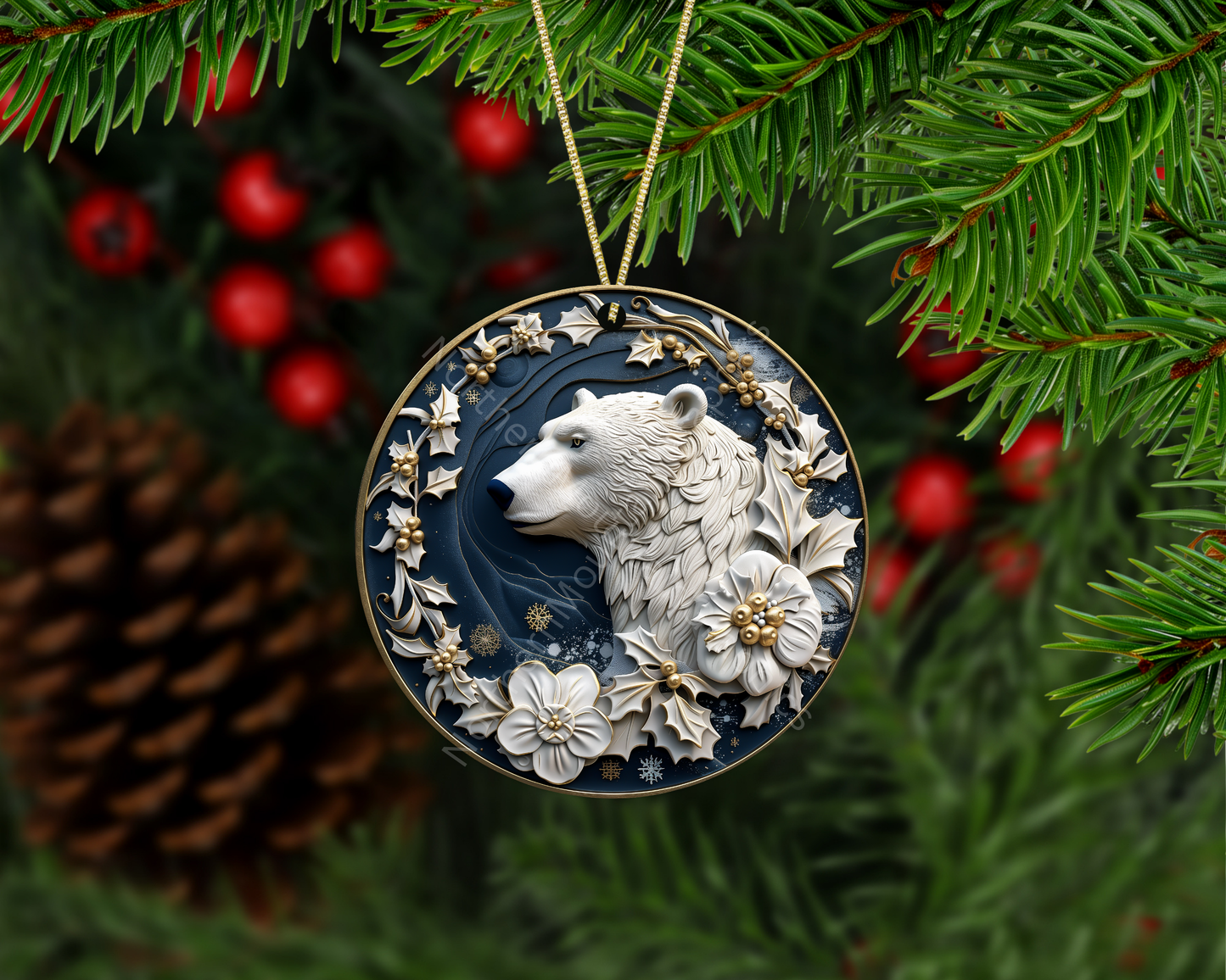 Majestic Polar Bear Wreath Christmas Ornament