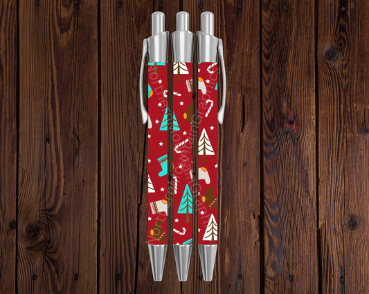 Mittens, Trees & Candy Canes on Red Christmas Pen