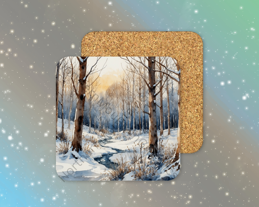 Winter Creek Through the Trees Winter Square Coaster
