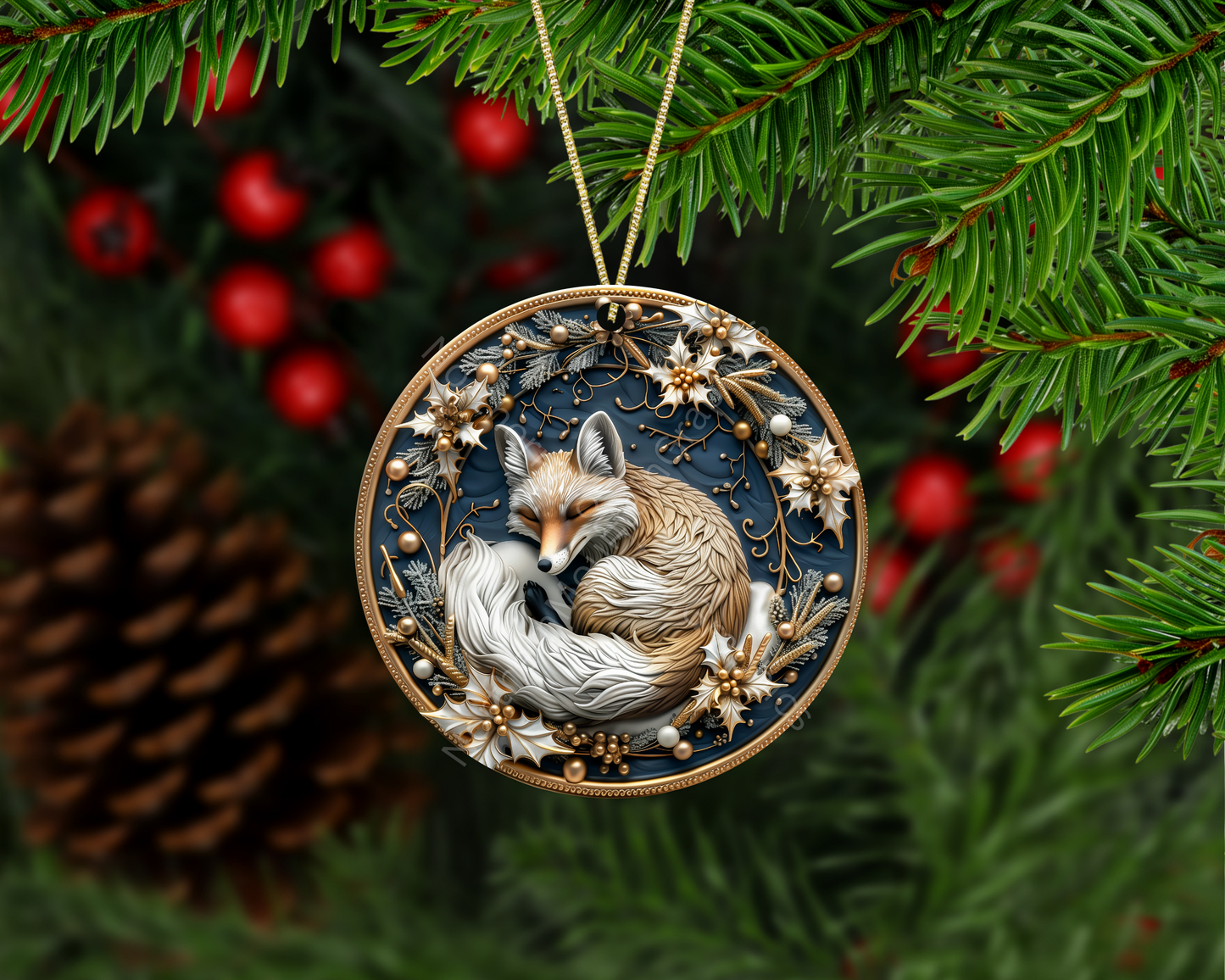 Sleeping Woodland Fox Wreath Christmas Ornament