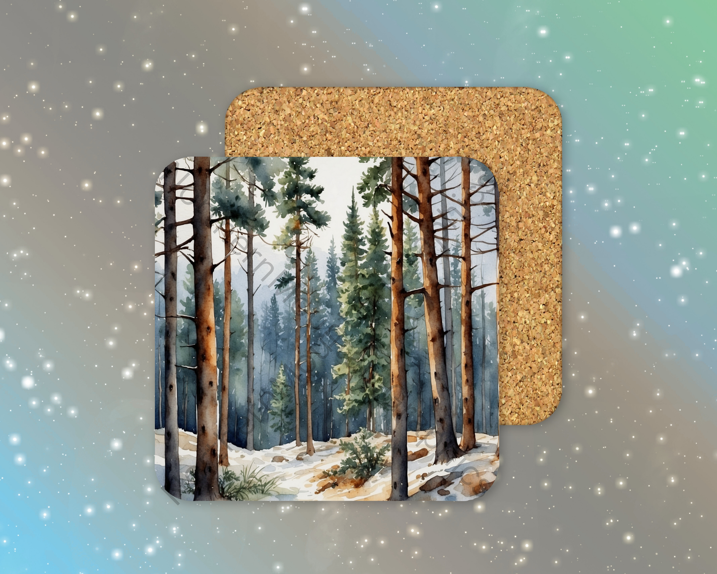 Misty Evergreen Forest Winter Square Coaster