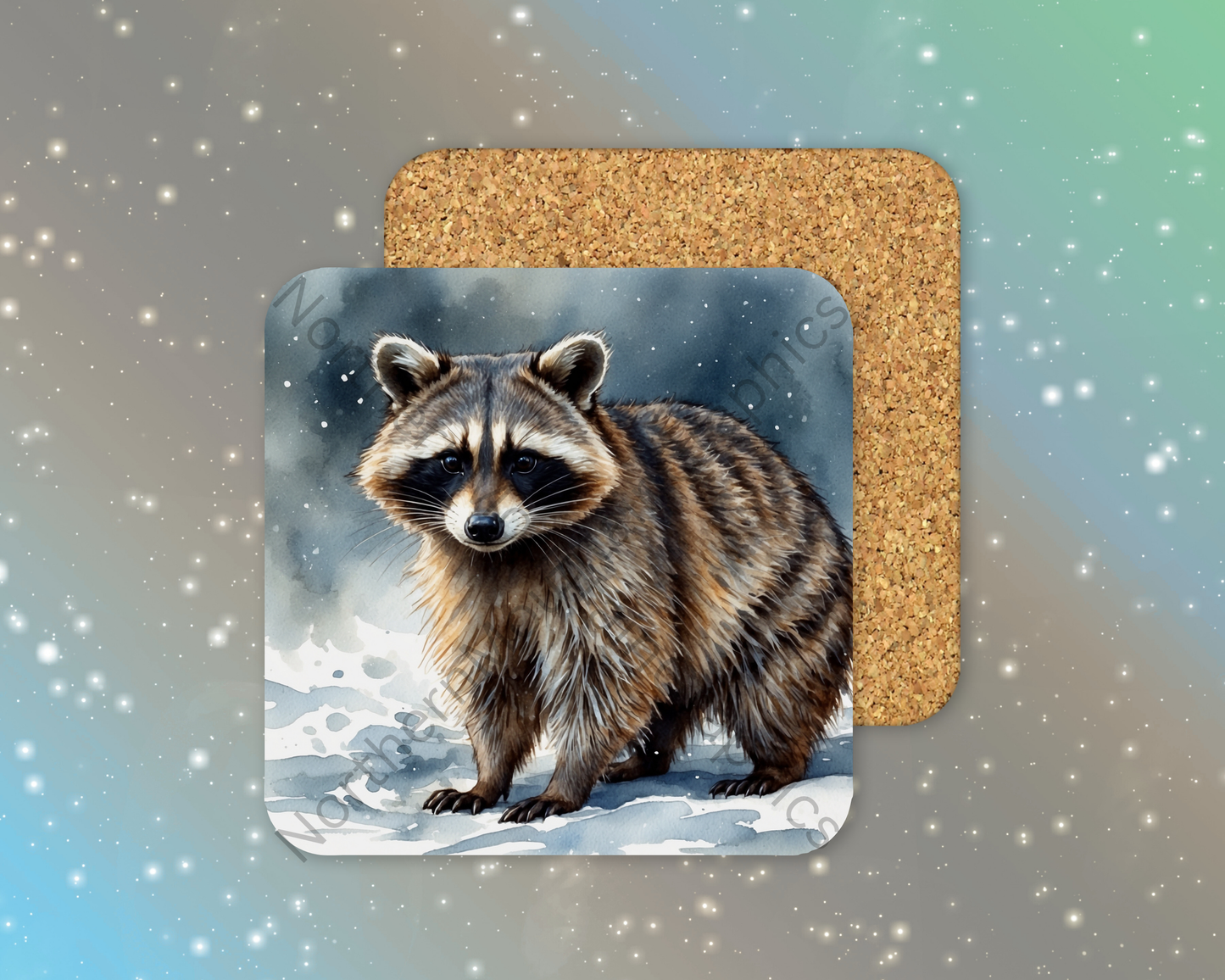 Curious Raccoon in Snow Winter Square Coaster