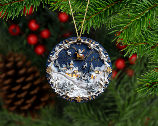 Santa’s Sleigh Over Winter Village Christmas Ornament