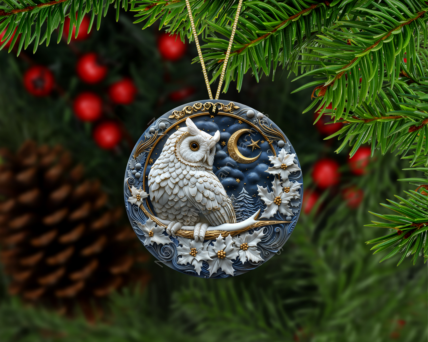 Moonlit Snowy Owl Christmas Ornament