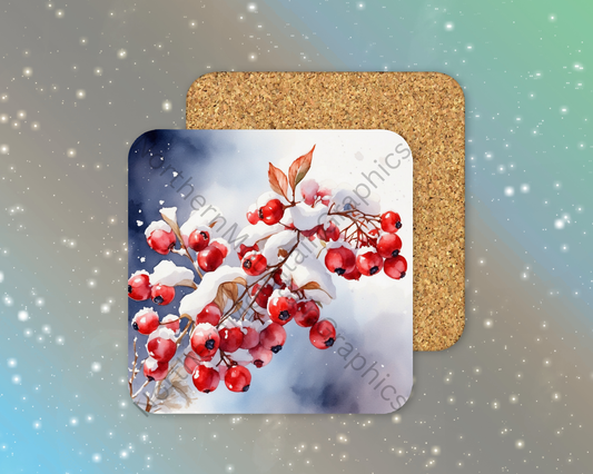 Red Berries in Snowfall Winter Square Coaster